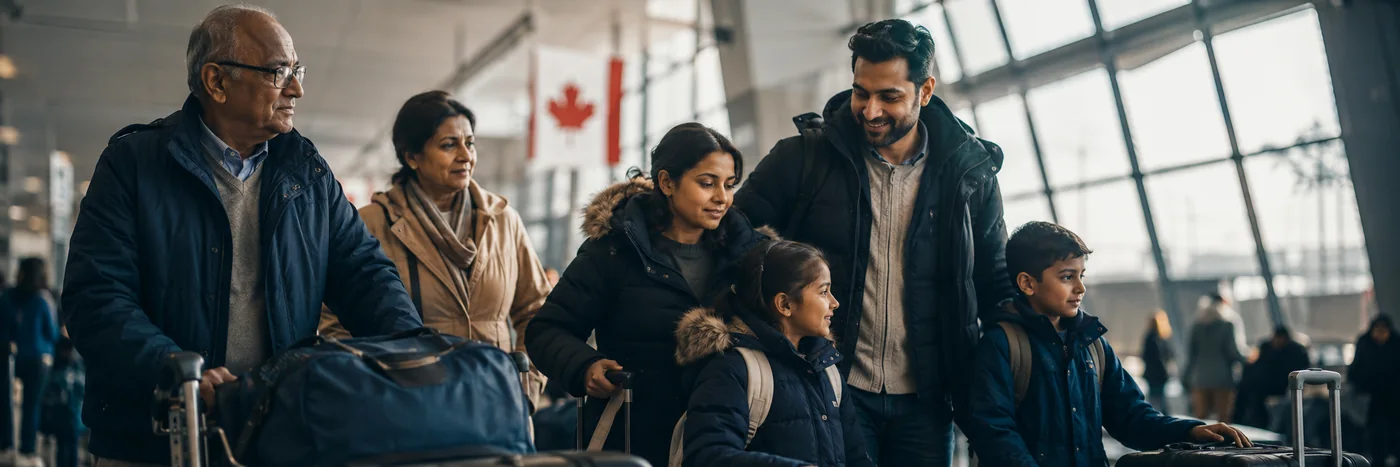 A family arriving at a Canadian airport arrivals hall